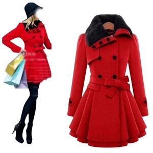 Asymmetrical red Lolita kawaii double breasted layered frock pea coat size M